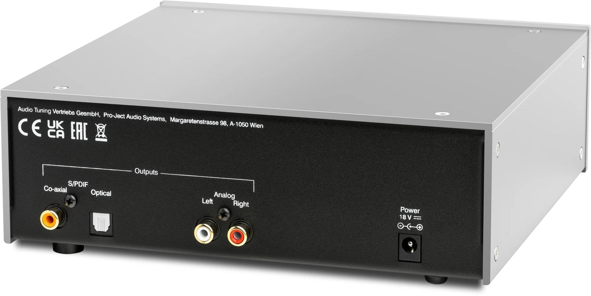 Rear view of Pro-Ject CD Box DS3 CD Player, sleek silver hi-fi component with minimalist design