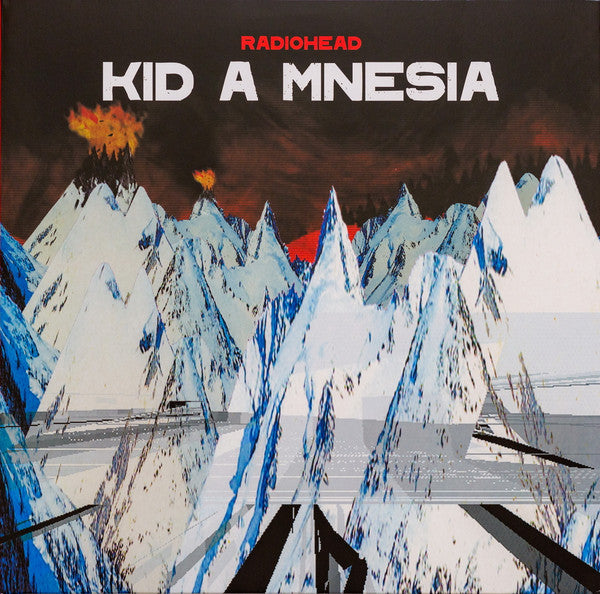 Radiohead's 'Kid A Mnesia' album cover featuring a stylized mountain range with a black and red sky at the top and the band's name at the top.
