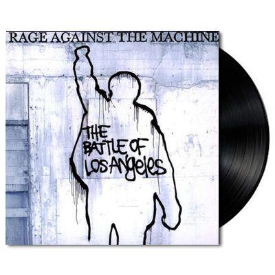 Vinyl LP cover for Rage Against The Machine album 'The Battle of Los Angeles' featuring a silhouette of a person with a raised fist against a grey background with the title text.