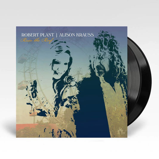 A vinyl LP record of Robert Plant & Alison Krauss album 'Raise The Roof', featuring a stylized image of the artists and album title.