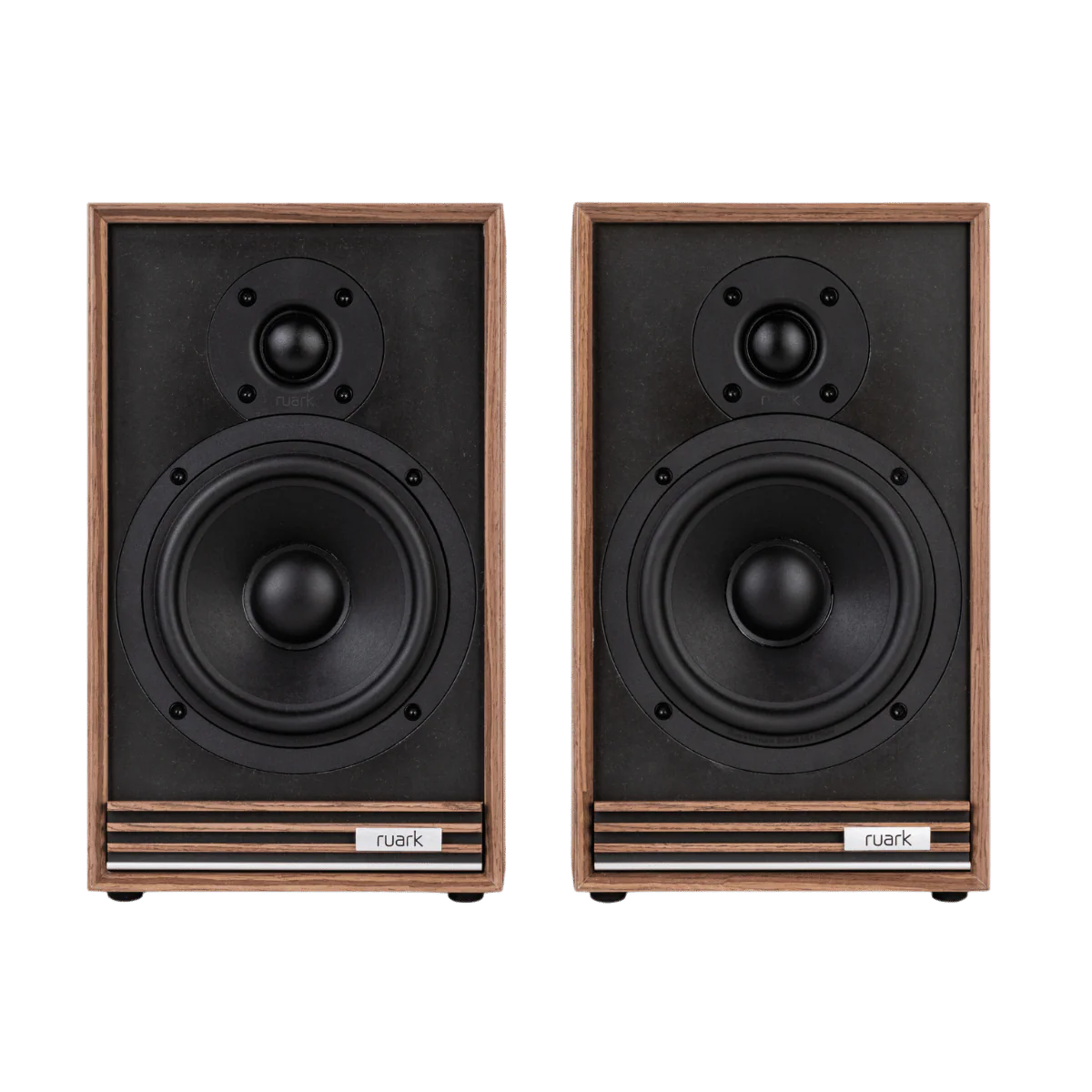 front view of Ruark Sabre-R Bookshelf Speakers, black compact hi-fi stereo speakers with no grill cloth