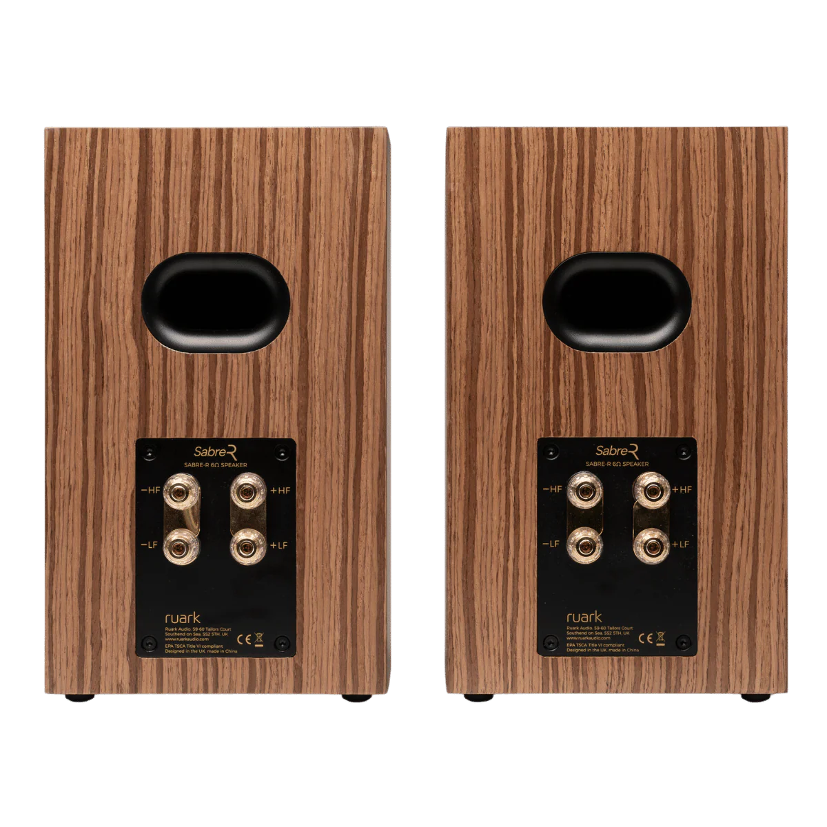 rear view of Ruark Sabre-R Bookshelf Speakers, black compact hi-fi stereo speakers