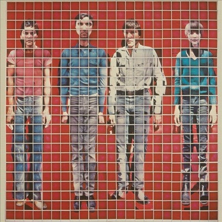 Album cover art for Talking Heads' More Songs About Buildings and Food, featuring a photograph of the band members against a red background with a grid pattern overlay.