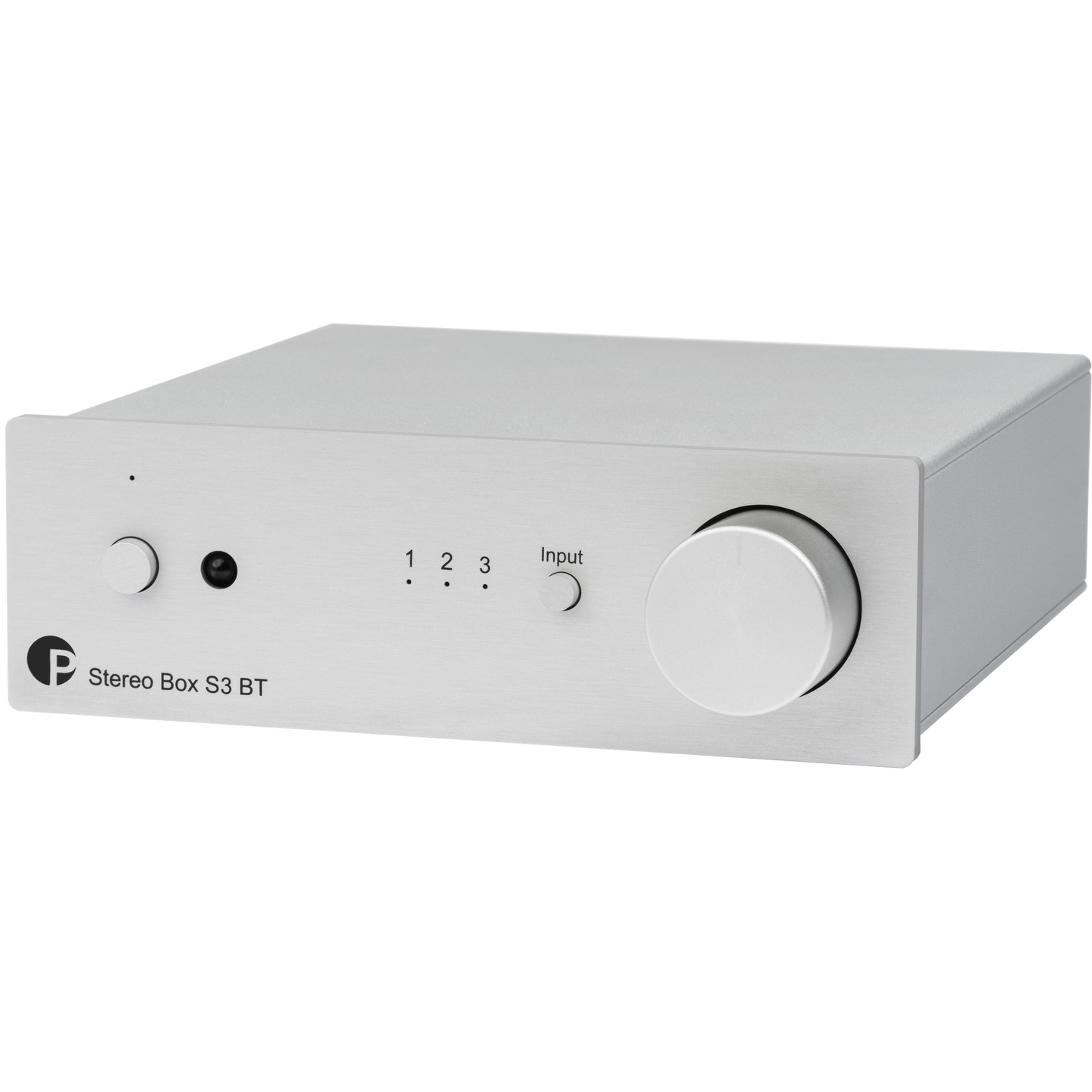 image of a silver Pro-Ject Stereo Box S3 BT Integrated Amplifier, compact black hi-fi amp with Bluetooth streaming