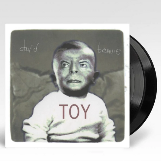 David Bowie Toy 2x vinyl LP reissue, glam rock album, early recordings, reimagined classics. Cover showing Superimposed face on a child's body with the word Toy on the jumper
