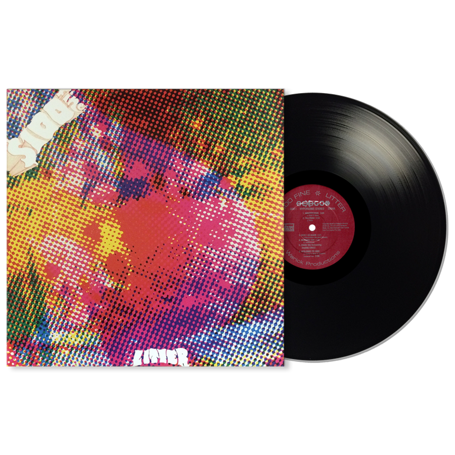 A vinyl LP of The Litter's album '$100 Fine' with a colorful, psychedelic album cover featuring abstract shapes in vibrant colors.
