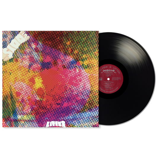 A vinyl LP of The Litter's album '$100 Fine' with a colorful, psychedelic album cover featuring abstract shapes in vibrant colors.