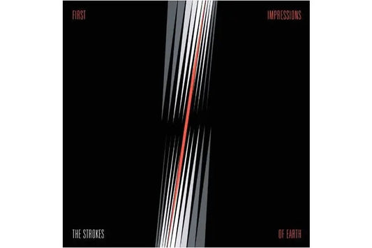 The album cover of 'First Impressions Of Earth' by The Strokes, featuring a black background with white and red lines pointing to the center.