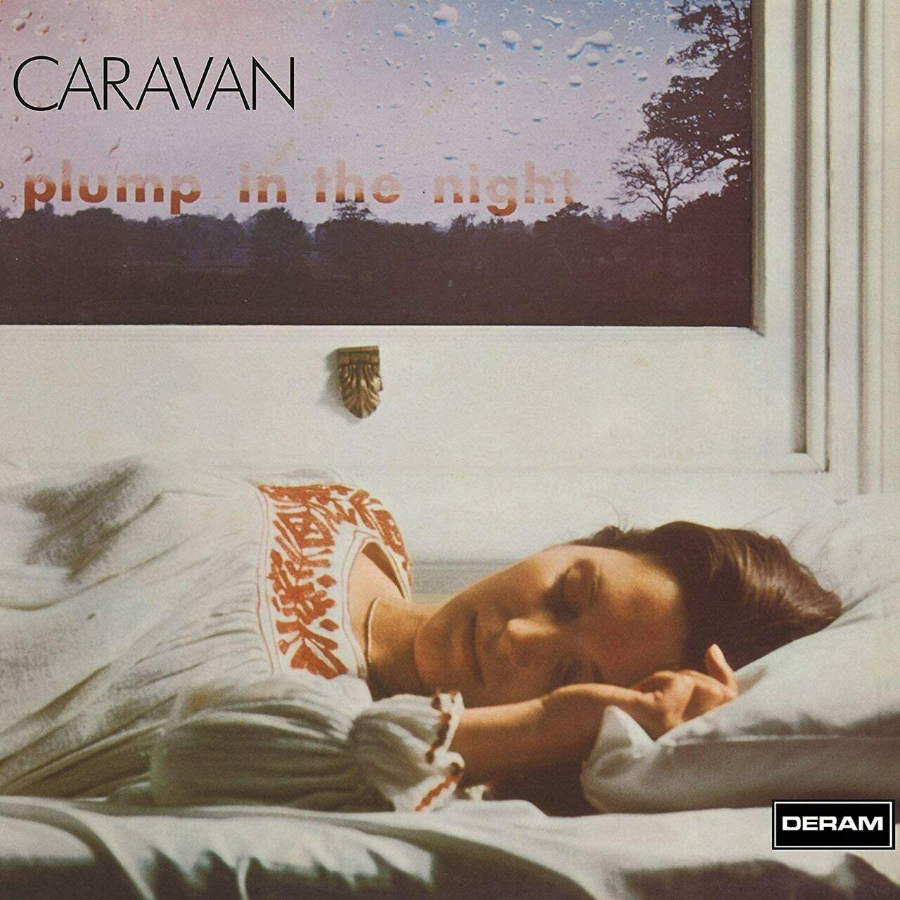 Album cover for Caravan's 'For Girls Who Grow Plump In The Night' featuring a photograph of a sleeping girl with a window in the background. The title and band name are displayed.