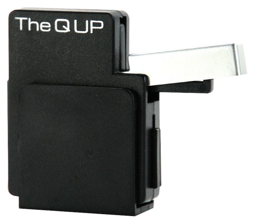 A black Pro-Ject Q Up automatic tonearm lifter designed to lift the tonearm of a turntable when it reaches the end of a record.