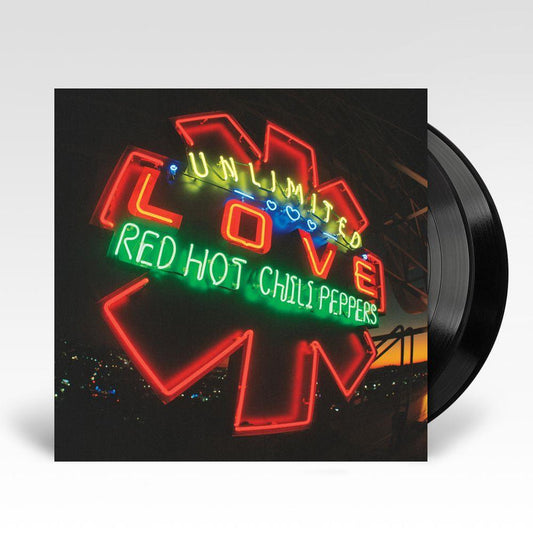 A vinyl LP of Red Hot Chili Peppers' album 'Unlimited Love' with a neon sign cover art.