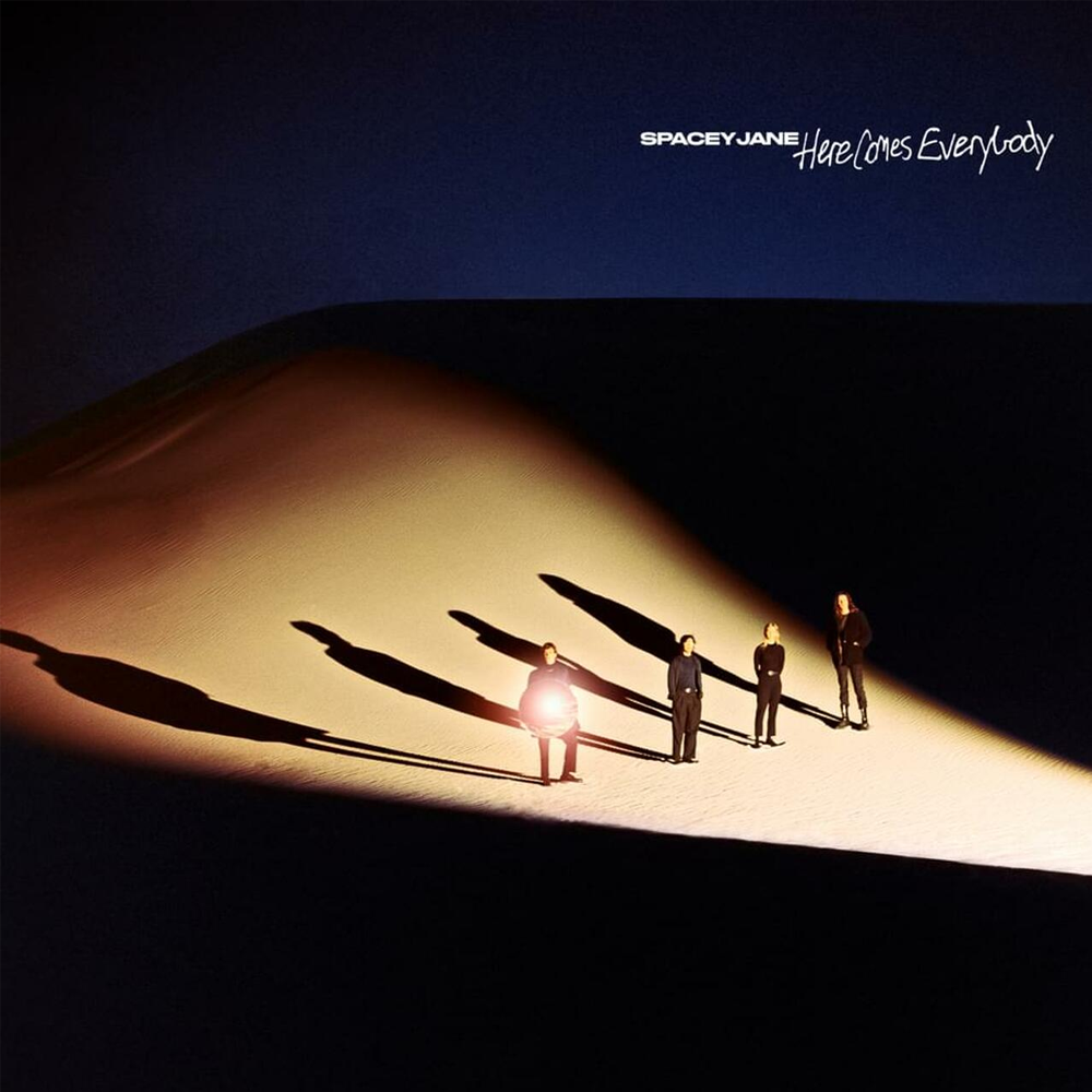 Spacey Jane Here Comes Everybody vinyl LP, 2022 indie rock album, vibrant cover with bold, abstract design of the band standing on a sand dune at night in a spot light