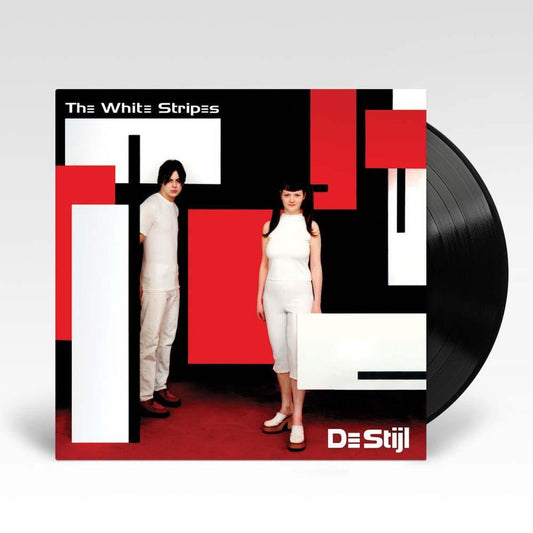The White Stripes De Stijl vinyl LP, garage rock album, minimalist red-white cover with band members both wearing white